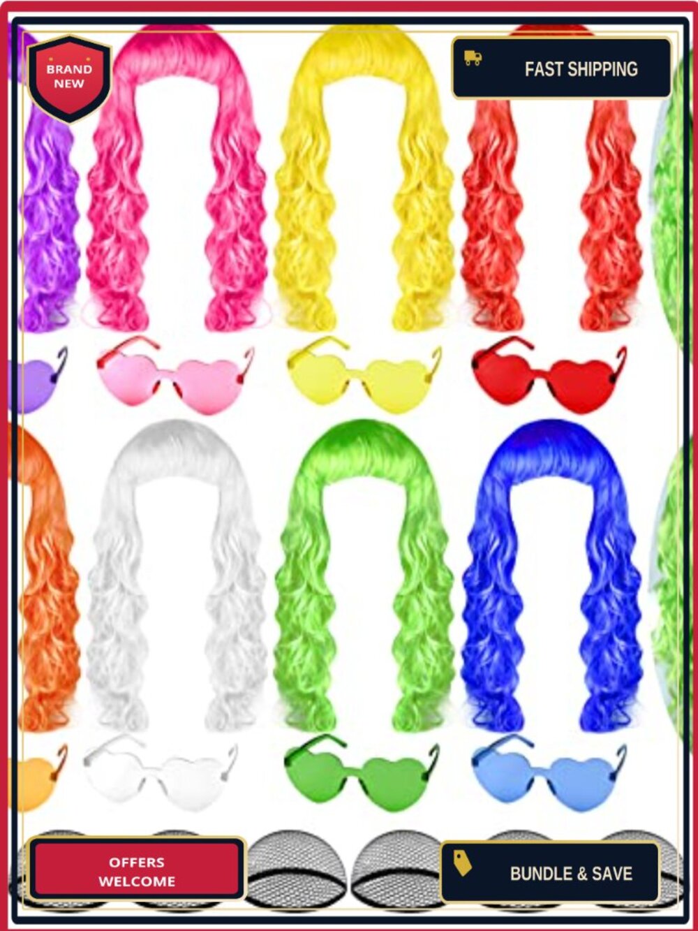 Long Curly Wavy Wigs Set with Glasses and Hats for Party Cosplay Costume